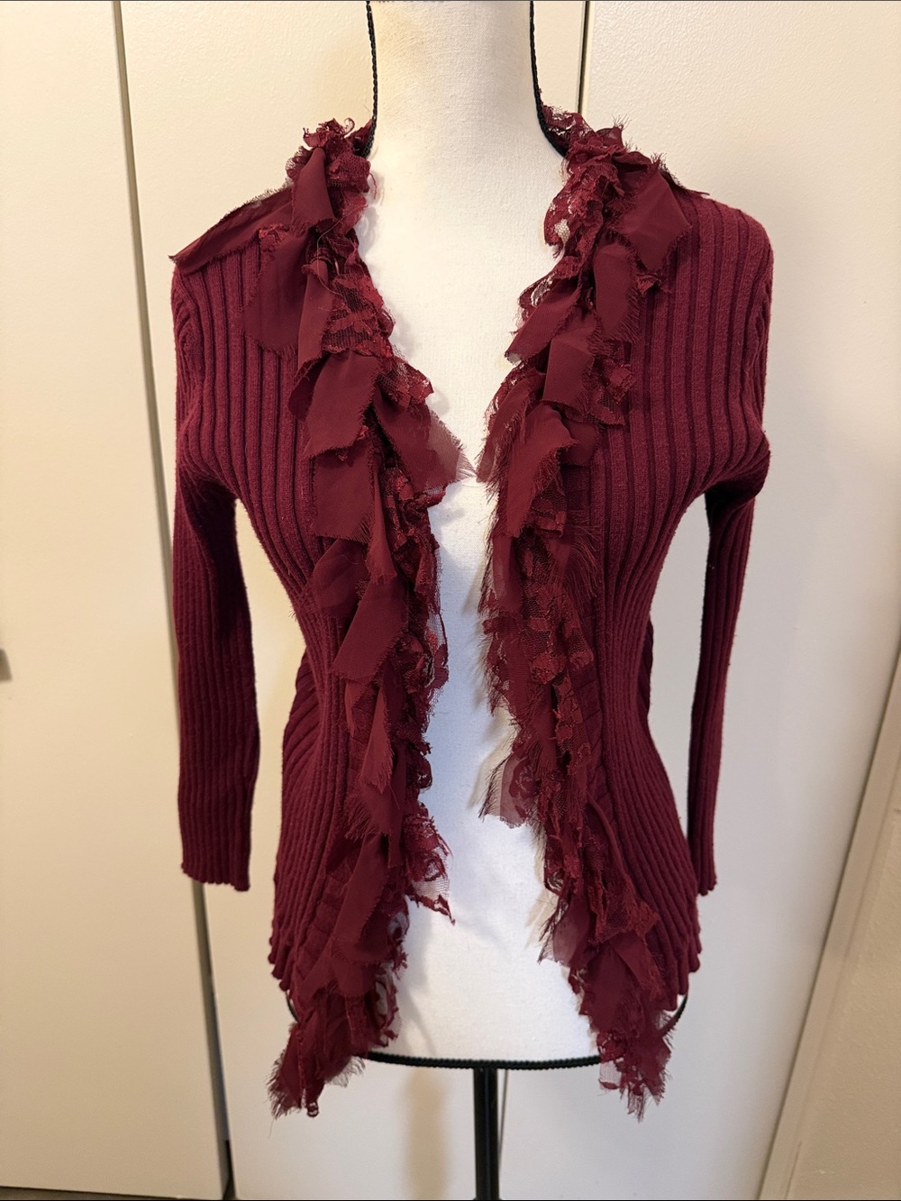 Ruffled Open-Front Cardigan Sweater - Wine
